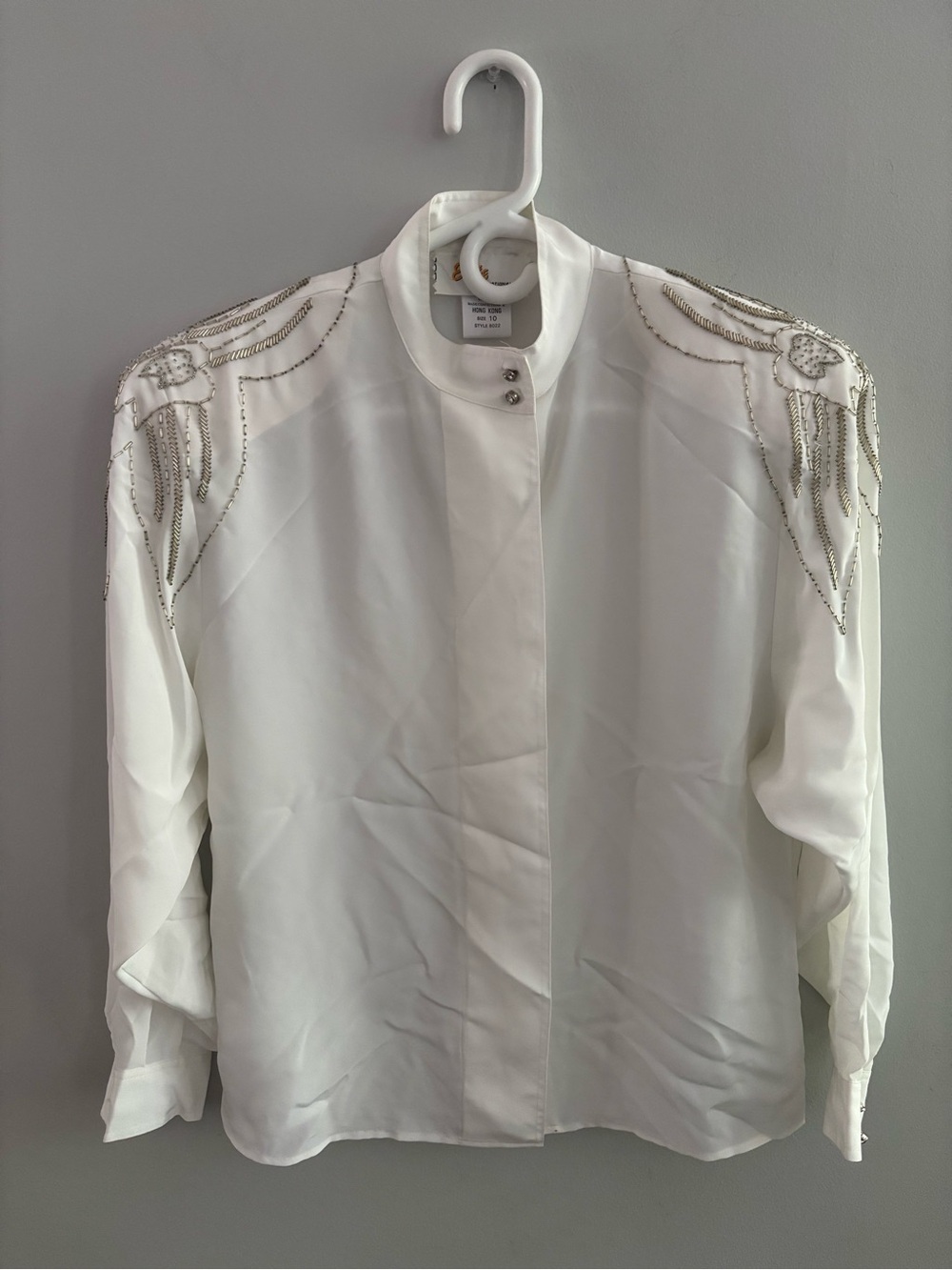 VTG 80s Elite International Beaded Shoulder Satin Blouse Ivory White Size 10